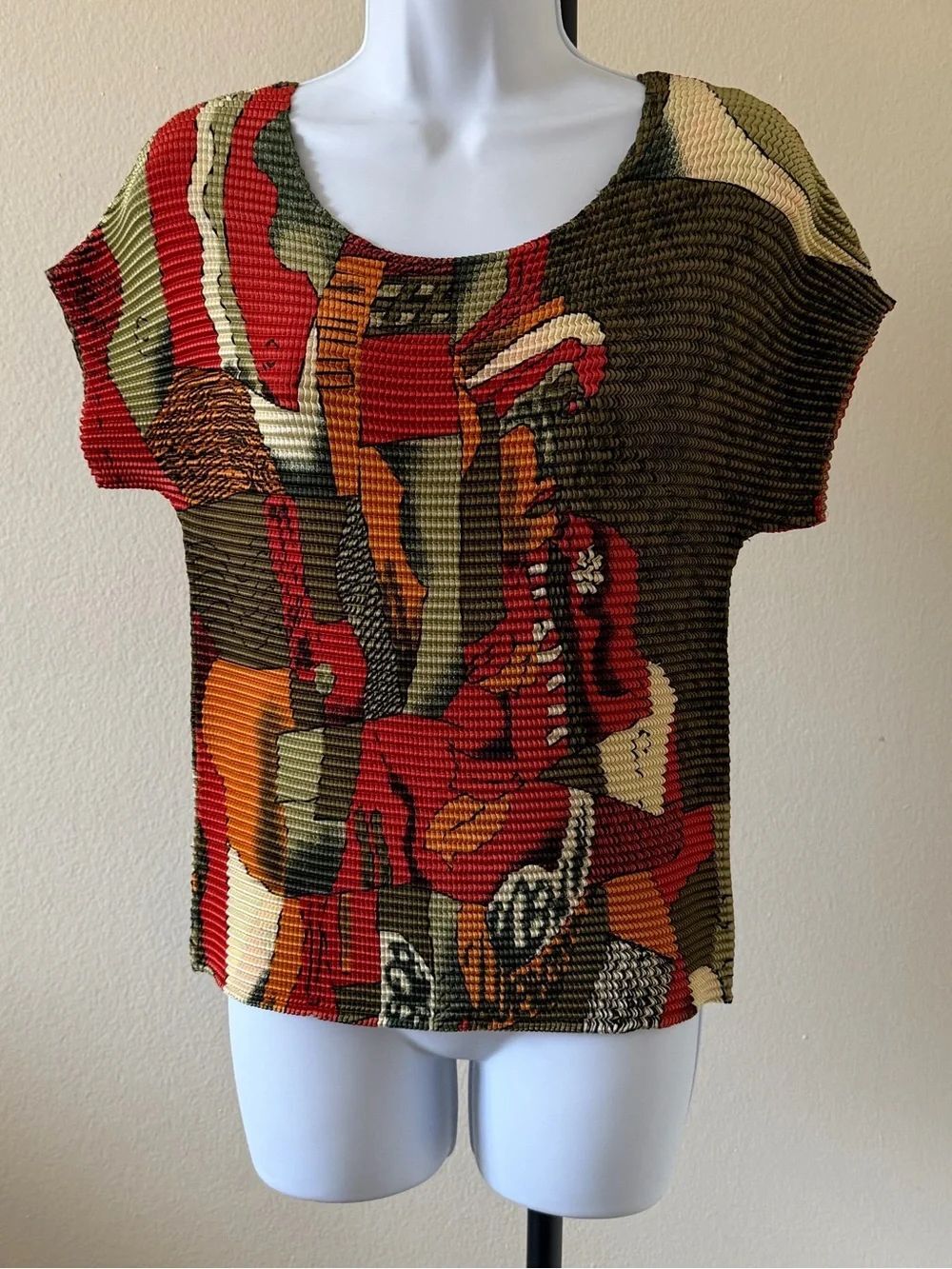 Vintage 90s y2k pleated Scoop Neck Picasso wearable art Top olive green